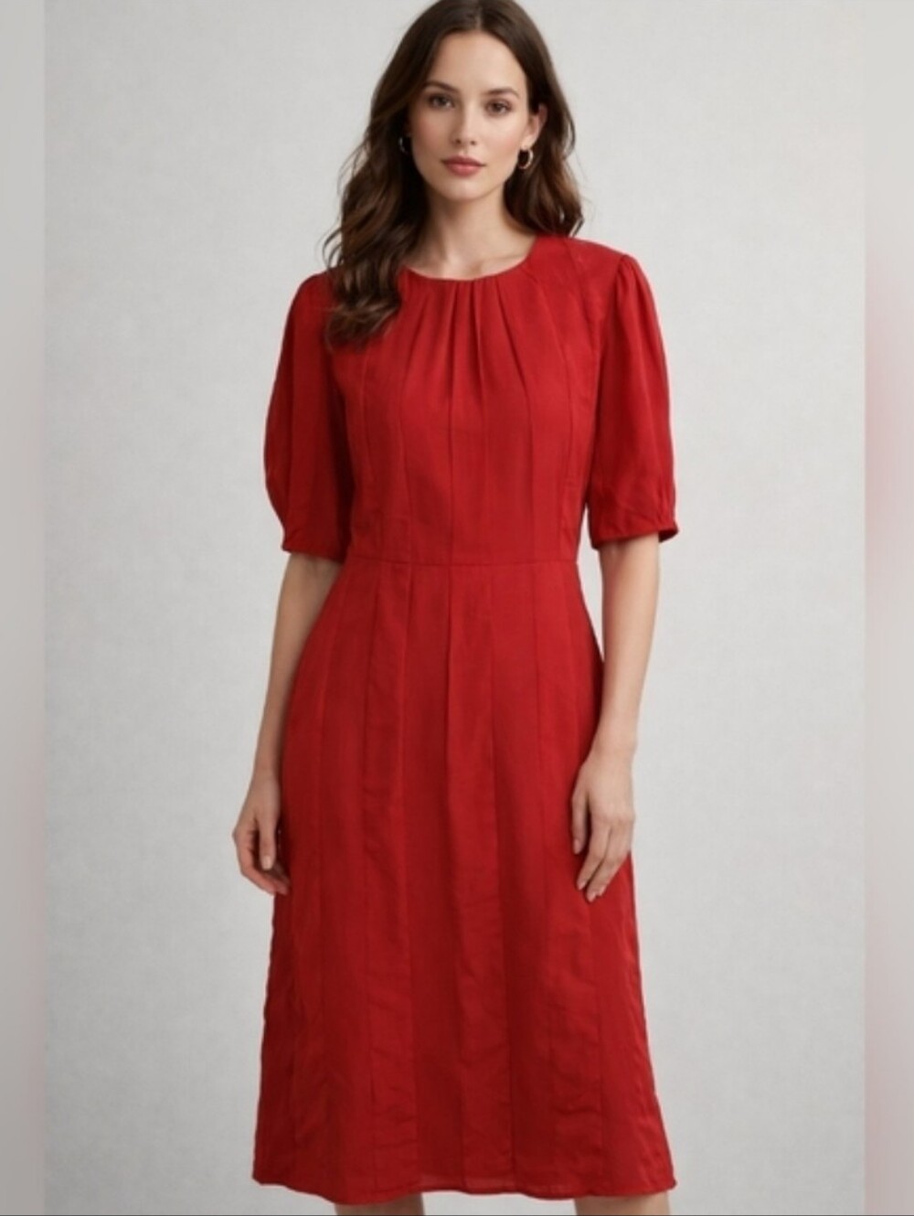 Everlane Red Midi Dress with Puff Sleeves